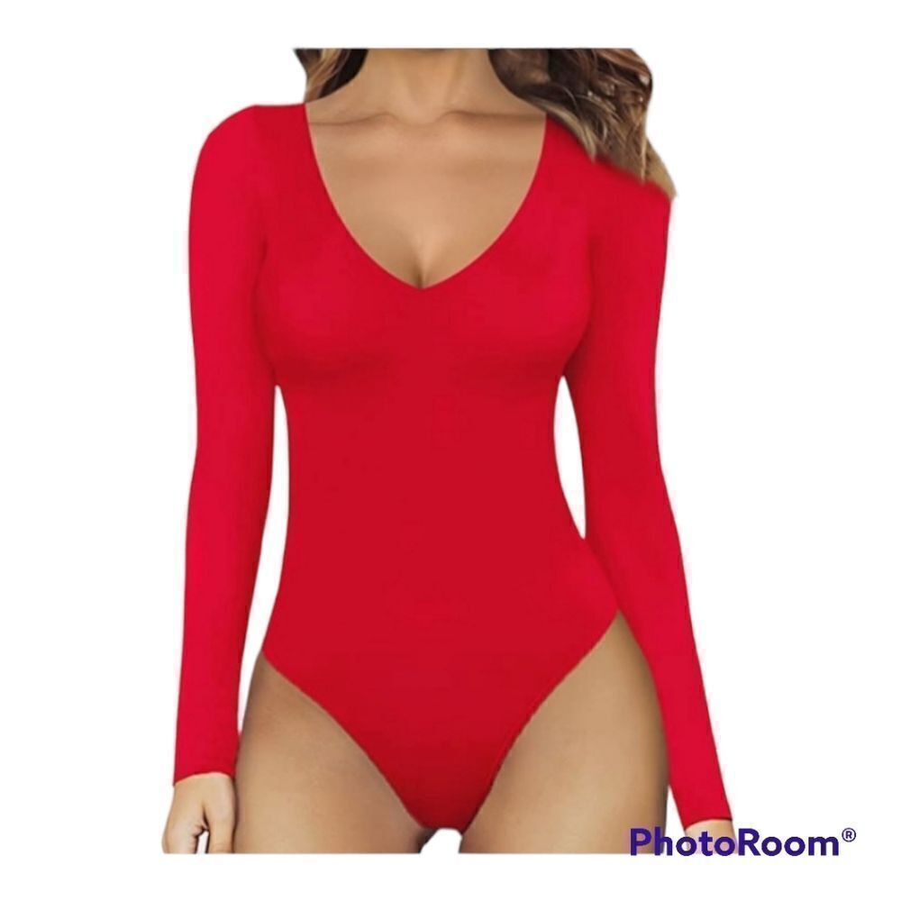 MANGOPOP NWT Deep V-Neck Solid Red Long Sleeve Bodysuit Slim Fit Size S